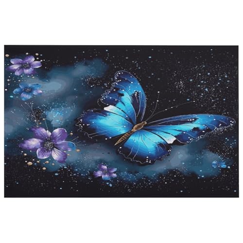 Tapis lavable antidérapant papillon bleu galaxie pour chambre