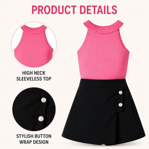 Image of RIYANSHI Girls Halter Neck Ribbed Top with A-line Skirt Set | Cotton Blend, 2 Piece Outfit, Button Detail, Ages 1-10 Years, Casual Wear