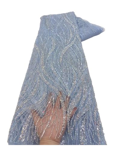 Tissu dentelle brodé paillettes luxe SkyBlue pour robe de mariée d'exception