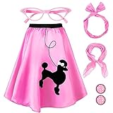 Hicarer 5 Pcs 50s Girl Costume 1950s Poodle Skirt Outfit Sock Hop Kid Scarf Eyeglasses Bandana Headband Earring Halloween (Pink,7-9 Years)