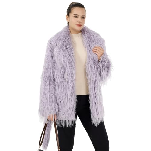 Women's Fluffy Faux Fur Coat Warm Lapel Shaggy Cardigan Outwear Open Front Fall Winter Jacket with Belt & Pockets3