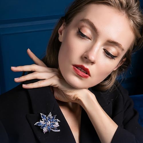 Image of Sparkling Rhinestone Flower Brooch Pin Premium Blue Purple Crystal Flower Brooch Lapel Pins Vintage White Rose Broochs Clothes Hat Bag Dress Clothing Jewelry for Women