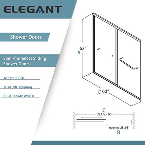 ELEGANT Bypass Sliding Bathtub Shower Door, Bathroom Double Sliding Tub Shower Door 58 1/2'' - 60'' W x 62'' H, 1/4'' Clear Glass, Brushed Nickel Finish
