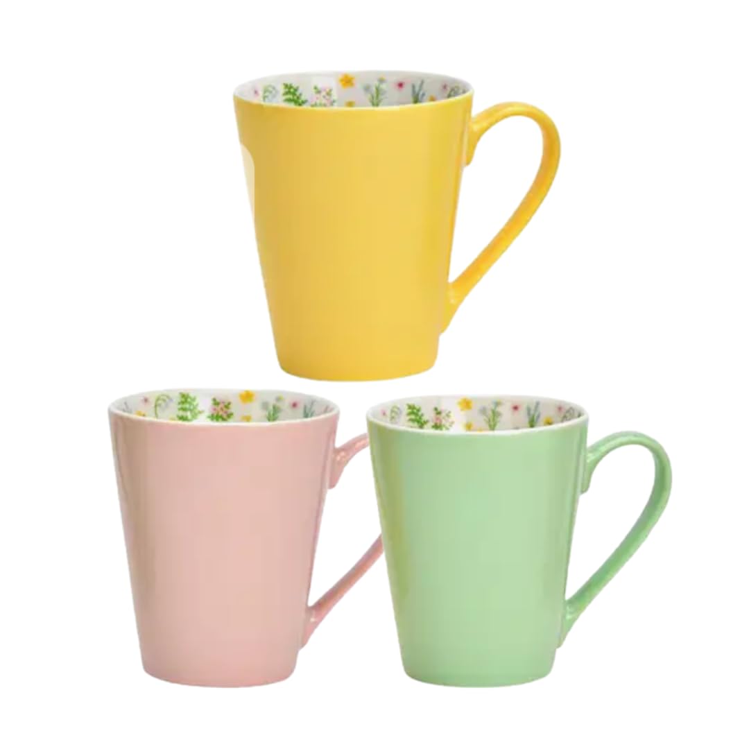 Juego de 3 tazas de café de porcelana, color pastel, interior con estampado de flores, rosa, amarillo, verde, idea de regalo de Pascua, 13 x 12 x 9 cm, 380 ml (3, rosa, amarillo y verde, juego de 3