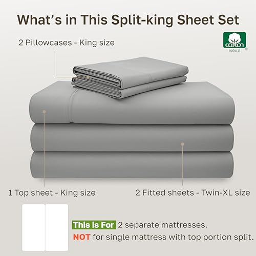 Image of California Design Den Split King Sheet Set - 100% Cotton, Luxury 600 Thread Count, Breathable Split King Size Sheets for Adjustable Bed, Luxury Durable Sheets with Soft Sateen Weave - Light Grey