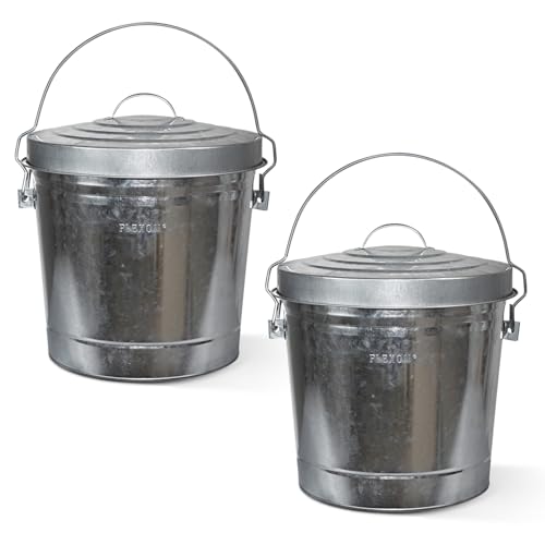 Image of Plexon 6 Gallon Small Metal Trash Can with Locking Lid Galvanized Metal Bucket with Lid for Poultry Feed Bird Seed Storage Ash Outdoor Garbage Trash Bin 2 Pack