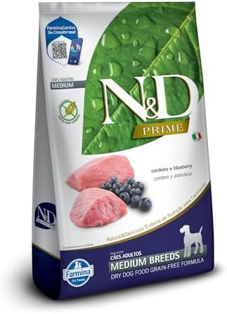 N&D Prime Ração Farmina Cordeiro e Blueberry Cães Adultos Raças M...