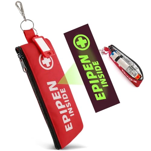 Rubierine Epipen carry case for 2 EpiPens Glow in the dark Epipen Holder Bag with Carabiner& Writable Card Waterproof Travel Epipen case for Allergies Asthma Sports & Outdoor Emergencies (Red)