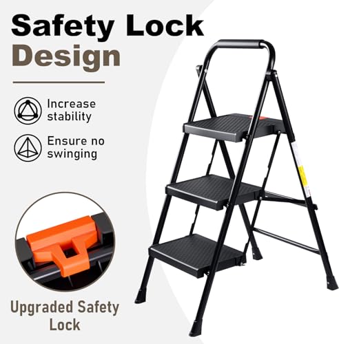 Valeo 3 Step Ladder, 3 Step Ladder for Adults with with Safe-Lock Design, Wide Anti-Slip Pedal, 500lbs Sturdy Steel Ladder, Step Stool Foldable with Cushioned Handle,Black by Valeo - Image 4