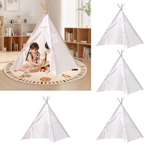 Luenghaoyun 4 PCS White Kids Teepee Play Tent, Foldable Washable Tipi Tent Kids Boho Tent, Playhouse for Girls and Boys Over 3 Years Sleepovers Party Birthday Party Slumber Party
