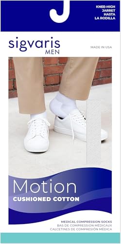 Image of Sigvaris Men's Motion Cushioned Cotton 360 Closed Toe Calf-High Socks 20-30mmHg - Whie - Medium Long