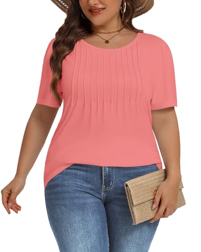 Image of Plus Size Tops for Women Pleated Summer Top Trendy Short Sleeve Shirts Casual Basic Tee Crew Neck Blouses 2026