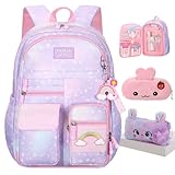 Jcobvig Rainbow Backpack For Girls Kids,Cute Student School Backpack With Pen Bag,Purple Aesthetic Starry Rainbow Laptop Travel Bag (Purple Large 17.5in