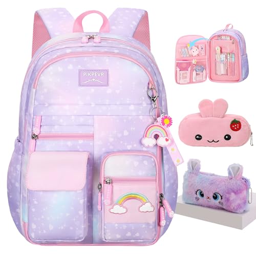 Jcobvig Rainbow Backpack For Girls Kids,Cute Student School Backpack With Pen Bag,Purple Aesthetic Starry Rainbow Laptop Travel Bag (Purple Large 17.5in