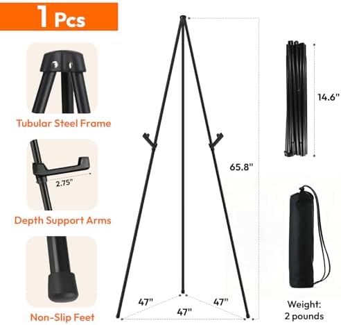 JEAWIWI 1 PCS Black Lightweight Easel Stand, 66 Inch Portable Display Easel for Posters, Foam Boards, Signs, Art Displays & Indoor Events with Carry Bags - 1