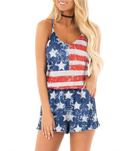 RAISEVERN 4th of July Womens Romper Summer Casual Cute Short Jumpsuit Tropical Old American Flag Adjustable Spaghetti Straps Loose V Neck Sleeveless Rompers with Pockets