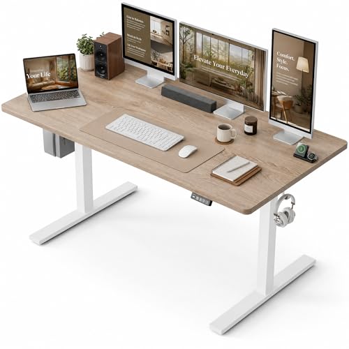 Image of Grandder 55x32 Large Electric Standing Desk, Height Adjustable Computer Desk with 2 Memory Presets, 31.5 inch Deep Desktop Sit Stand Desk Home Office Desk Workstation Table with Hooks, Maple