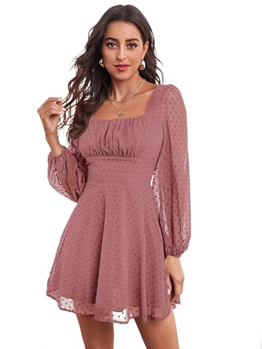 Image of Women's Polka Swiss Dots Square Neck Dress Lantern Long Sleeve Dress for Women Chiffon Mini Dress