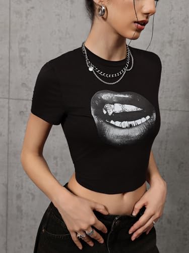 WDIRARA Women's Graphic Lip Print Crop Tee Shirt Round Neck Short Sleeve T-Shirt Slim Fit Top4