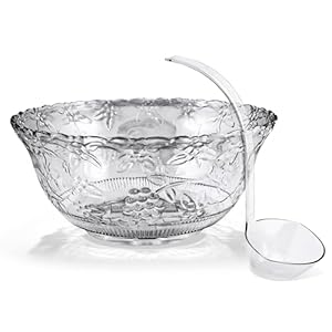 Stock Your Home Premium Plastic Punch Bowl with Ladle, Fancy Disposable Punch Bowls for Parties, Holidays, Schools, Halloween, and More, Quality Glass Like Appearance, Large Punch Bowl with Ladle Set