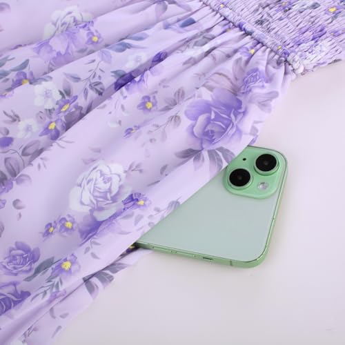 Image of Scarlet Darkness Floral Dress for Women Summer Puff Sleeve Square Neck A Line Flowy Wedding Guest Tea Party Dresses