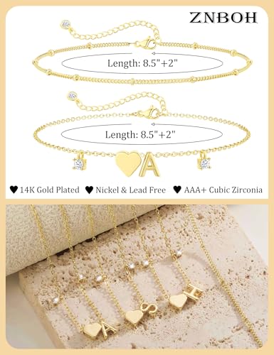 Image of Silver Ankle Bracelets For Women 14k Gold Plated Initial Anklets For Women Waterproof Non Tarnish Dainty Layered CZ Letter A-Z Heart Charm Anklet Set Summer Beach Foot Chain Jewelry Gift
