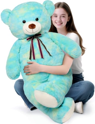 Tezituor 52in Giant Teddy Bear,Big Stuffed Animal Plush,Rainbow Green Soft Gifts for Valentine, Christmas, Birthday,Life Size Plush Toys for Grils Boys Girlfriend,Blue Green