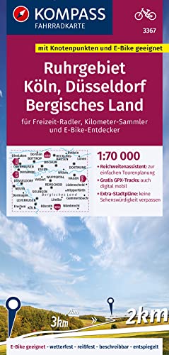 KOMPASS Fahrradkarte 3367 Ruhrgebiet, Köln, Düsseldorf, Bergisches Land mit Knotenpunkten 1:70.000: reiß- und wetterfest mit Extra Stadtplänen