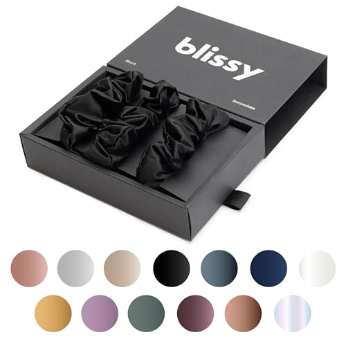 Blissy Silk Scrunchies (3 Pack) - 100% Pure Mulberry Silk - 22 Momme 6A High-Grade Fibers Scrunchie for Straight & Curly Hair - Preventing Breakage, Tangling, & Creasing (Black Skinny)