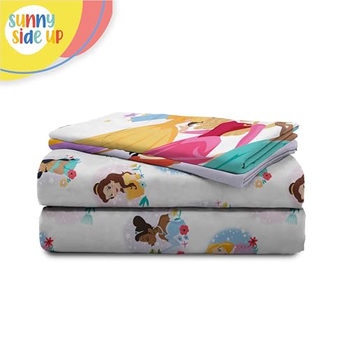 Image of Sunny Side Up Disney Princess Full Sheet Set - 4 Piece Kids Bedding Set Includes Pillow Cover - Super Soft Rainbow Microfiber Sheets Moana, Belle & Rapunzel