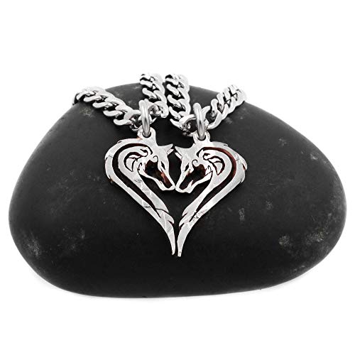 NameCoins Wolf Head Pendants for Couples, Wolves Necklaces Making a Heart, His and Her Men and Women, Relationship Jewelry, Hand Cut Coin (Half Dollar)