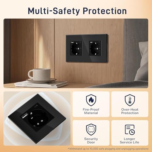 BSEED USB Steckdose Schwarz, 2 Fach Schuko Steckdose mit USB Anschluss (Max. 2.1A) Typ C Port Unterputz, Glas Schutzkontakt, Wandsteckdose Ladeger&auml;t f&uuml;r Handys, Laptops etc (2 Pack)