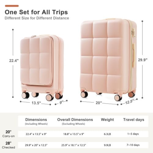 3-Piece Luggage Set, 20-inch Front-Loading Carry-on Suitcase, 28-inch Expandable Suitcase and Expandable Travel Bag, USB Port, ABS Material, Built-in Luggage Hook, Cup Holder, Pink3