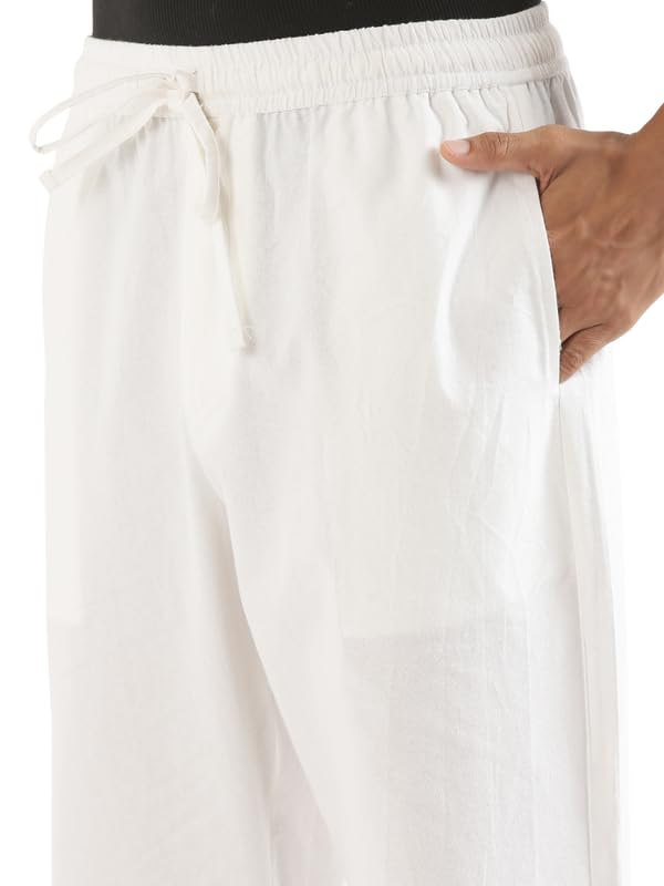 Image of SAADAA Men's 100% Cotton Pants | Mid-Rise Straight Fit Casual Trousers with Elastic Waistband and 3 Pockets | Everyday Wear