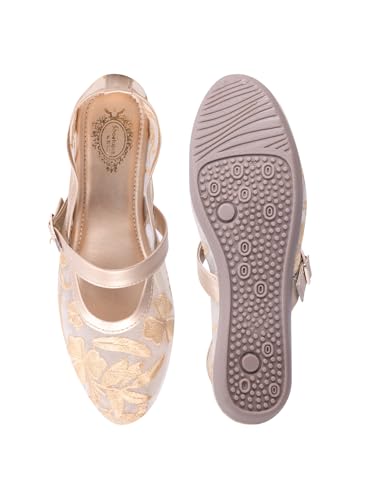 Image of Shoetopia Women's Embroidered Belly Shoes - Soft Comfortable Flats with Adjustable Strap | Traditional Floral Design for Casual & Ethnic Footwear