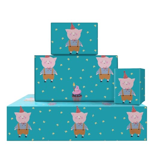 Papier cadeau cochon mignon anniversaire enfant 4 feuilles vert 71x50 cm motif gâteau Apol