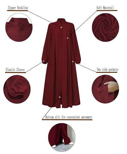 Image of Womens Abaya Muslim Long Sleeve Front Zipper Dress Prayer Islamic Clothes with Pockets