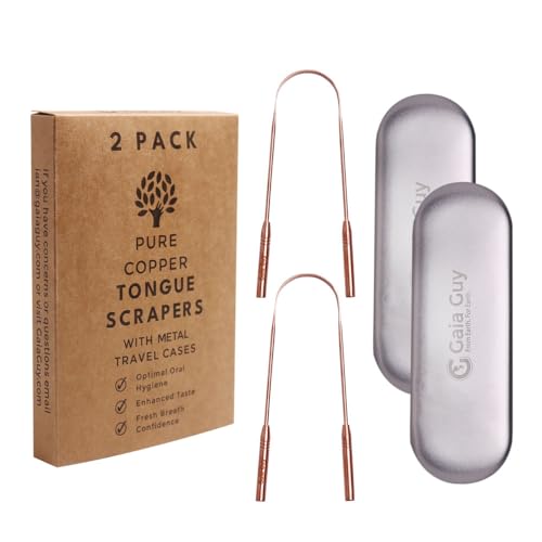Gaia Guy Copper Tongue Scraper with Metal Case - 2 Pack - Plastic Free Tongue Scrapers for Adults Tongue Cleaner for Oral Care & Hygiene
