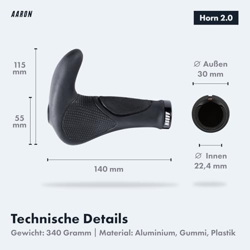 AARON Horn - Lenker Griffe mit Gel Dämpfung - ergonomische Lenkerhörner aus rutschfestem Gummi - Fahrradgriffe für E-Bike, Trekkingrad, Mountainbike, Tourenrad in schwarz