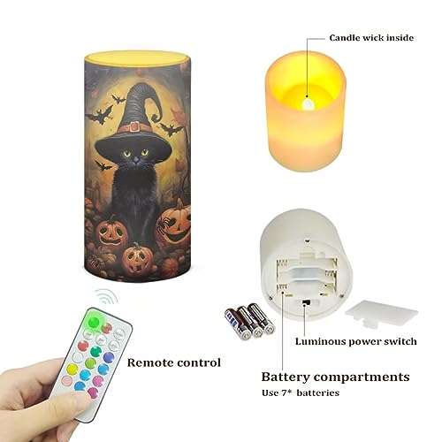 Image of Flickering Flameless LED Battery Powered Pillar Candles Tealight with 18-Key Timer Remote with Colorful Light Safe for Indoor Outdoor Halloween Party Decorations, Black Cat Withch Pumpkin