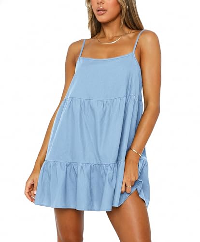 Image of Babydoll Dress for Women Spaghetti Strap Swing Dresses Sleeveless Short Flowy Dress Summer Loose Sundress