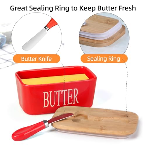 Image of Ceramic Butter Dish with Wooden Lid and Stainless Steel Knife, Large Butter Container Keeper with Bamboo Cover and Silicone Sealing Ring for West and East Coast Butter (Red)
