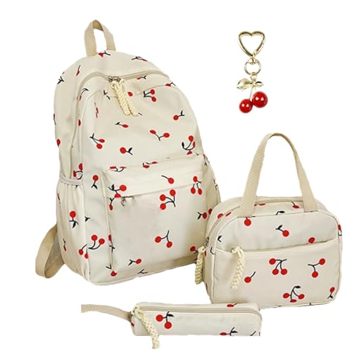 3Pcs Set Cherry Backpack for Girls, Pink Cherry Backpacks, Large Capacity Nylon Cute Daypack (White)