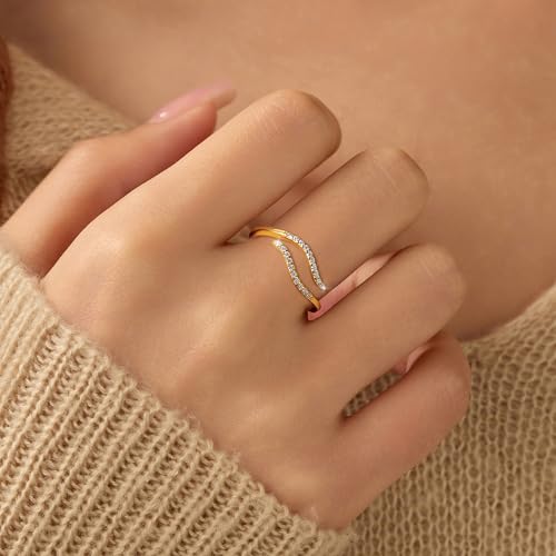 925 Sterling Silver 14K Gold Plated Ocean Wave Ring for Women Adjustable Minimalist Opening Ring Hypoallergenic Inspirational Cubic Zirconia Jewelry for Mom Daughter Birthday Christmas jewelry gifts2