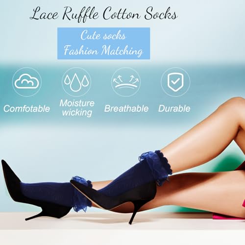 Geyoga 3 Pairs Women Ruffle Socks Turn Cuff, Double Lace Ankle Socks for Woman Cotton Lace Frilly Sock for Ladies3
