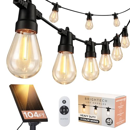 Image of Brightech 104 (52x2) FT Ambience Pro Solar Powered Outdoor LED String Lights - Waterproof Remote Control Lights - 48 Bulbs, 7W Solar Powered Color Changing White Light for Camping, Patio, Garden