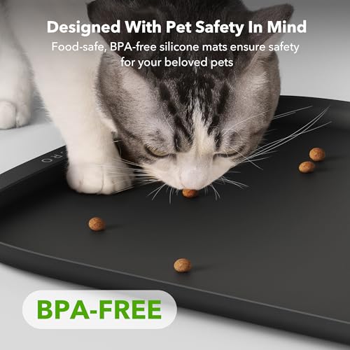 Image of PETLIBRO Dog Food Mat, Keep Floors Clean Under Food & Water Bowls, Non-Slip Waterproof Mat for Automatic Feeders & Cat Water Fountains, 22 inch x 16.5 inch, Black