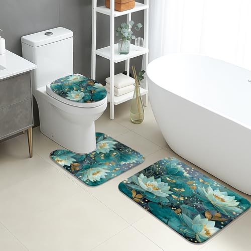 Set di 3 tappetini da bagno con ninfee, eleganti tappeti da bagno assorbenti antiscivolo a forma di U lavabili, in flanella ad asciugatura rapida, set da bagno