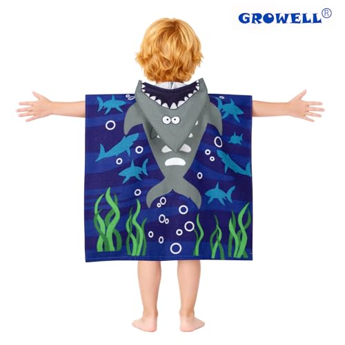 Image of growell Hooded Kids Beach Towels - Toddler Bath Towel Girls Boys Swim Cover-ups for Ages 1 to 6 Kids Pool Towels Quick Dry Lightweight Soft Microfiber Poncho Towel 24x23 (Buble Shark)