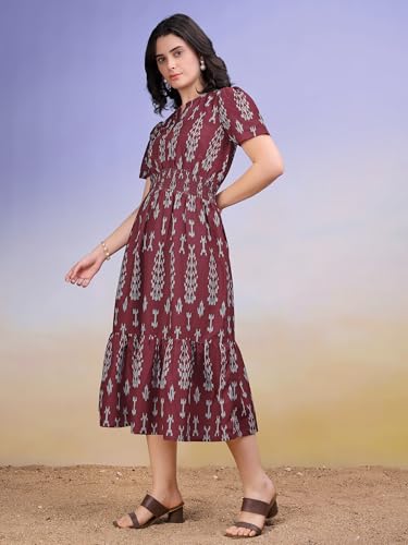 Image of PURVAJA Women's Boat Neck Cotton Dress(Floe-203-L Maroon)